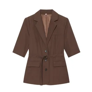 Elegant brown half-sleeve blazer jacket featuring a belted waist and classic notched lapels