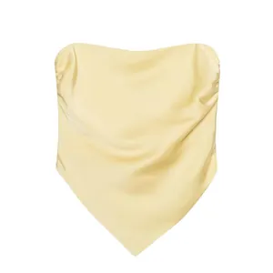 Elegant pale yellow satin triangle hem strapless tube top for women's summer fashion