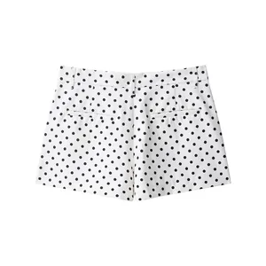 Detailed back view of stylish white high-waisted shorts with black polka dot pattern