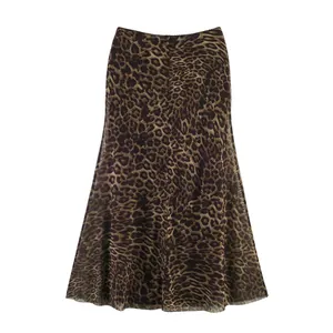 Detailed view of women's leopard print mesh midi skirt with elegant draping