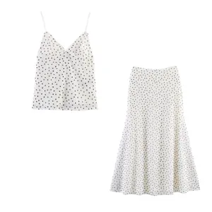 Elegant white polka dot mesh camisole and midi skirt two-piece set for women