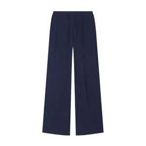 Elegant navy blue high-waisted wide-leg pants with stylish crinkle texture for summer