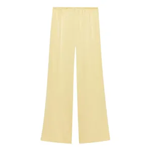 Full view of elegant pale yellow satin wide-leg trousers for women's summer fashion