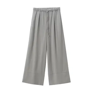 Casual women's grey linen wide-leg pants with elastic drawstring waist and loose fit