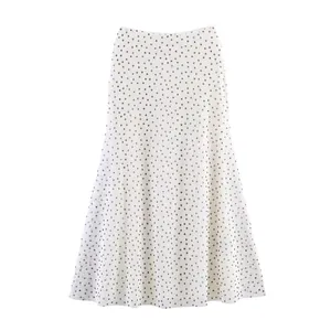 Close-up detail of an elegant white mesh midi skirt featuring a classic polka dot pattern