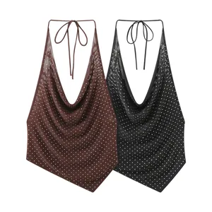 Damen Halfter Wasserfallausschnitt Mesh Strass Tank Top Sexy Rückenfrei Bindeband Unregelmäßiger Saum Ärmellos Crop Top Party Clubwear