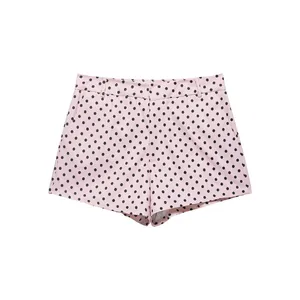 Stylish pink high-waisted shorts featuring a classic black polka dot pattern for women
