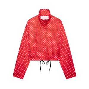 Red and white polka dot cropped seersucker jacket for women with high collar