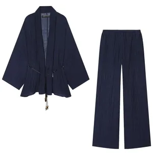 Women's Semi-Sheer Crinkle Effect Casual Set Kimono Style Tie-Up Top And Wide-Leg Pants Two-Piece Suit For Summer Vacation