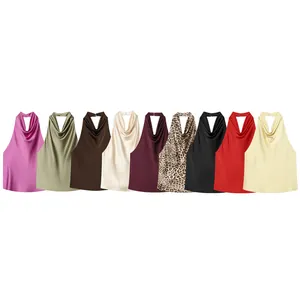 Top de Satén con Cuello Drapé para Mujer Sin Mangas Espalda Descubierta Sexy Color Sólido Blusa de Verano Fiesta Poliéster