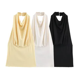 Women Sexy Halter Neck Cowl Pleated Sleeveless Top Summer Backless Draped Vest Y2K Fashion Spicy Girl Polyester Slim Top