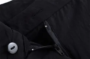 Detailed macro view showing the high-quality zipper and button closure on black shorts