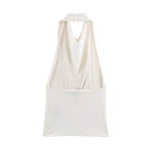 Detailed view showing the elegant back design of a sexy cream halter neck draped pleated top