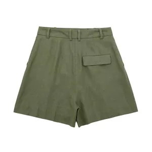 Back view detail of high-waisted olive green linen blend shorts with flap pocket