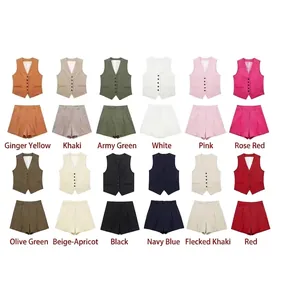Women Summer Linen Blend Casual Set V-Neck Single-Breasted Sleeveless Vest Top And High Waisted Loose Shorts Co-ords Outfit