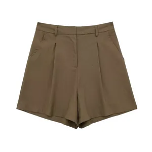 Women's high-waisted linen blend pleated shorts in olive brown with functional pockets