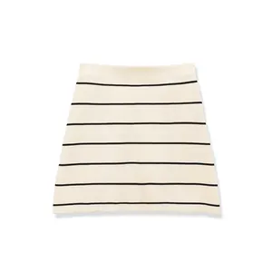 Detail view of the cream and black horizontal striped knitted A-line mini skirt.