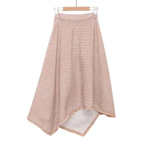 Full view of elegant asymmetrical striped midi skirt in dusty rose French style