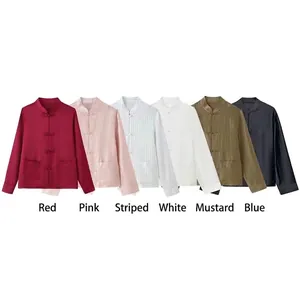Women Retro Modern Chinese Style Knot Button Shirt Long Sleeve Mandarin Collar Satin Blouse Casual Loose Top With Pockets