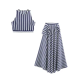 Women Striped Top And Bottom Round Neck Sleeveless Crop Top Asymmetric Ruffle Skirt Vacation Style Blue White Stripes