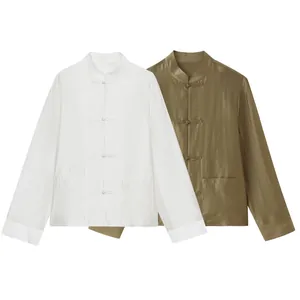 Front view of white and olive casual shirts with Chinese knot buttons