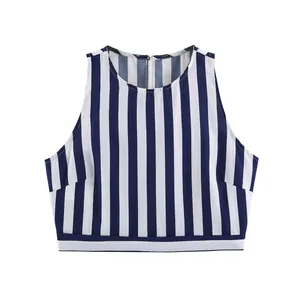 Summer round neck sleeveless navy blue striped cropped top for women vacation style