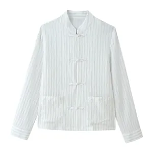 Detailed view of white striped casual shirt featuring traditional Chinese knot buttons