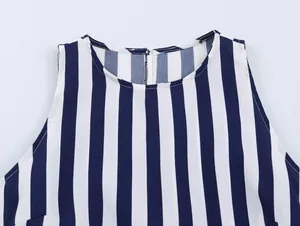 Close-up detail of round neckline on blue and white striped sleeveless summer top