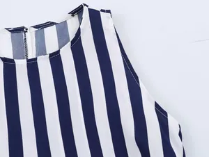 Macro detail of the neckline and stitching on a blue and white striped sleeveless top