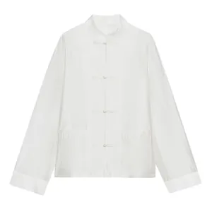 White casual loose long-sleeve women's shirt with traditional Chinese knot buttons and pockets