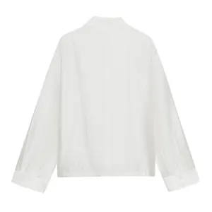 Detailed back view of a minimalist white loose-fit long-sleeved casual shirt for women