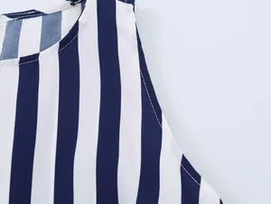 Macro view of round neckline and stitching on navy blue and white striped sleeveless top