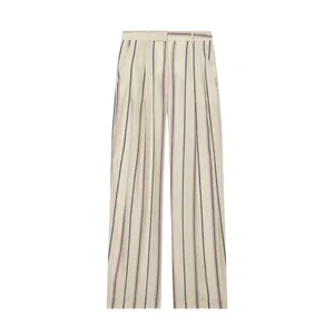 Pantalon beige à jambe large avec rayures bleu marine et rouges et taille tricolore