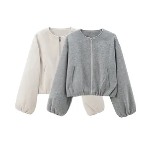 Blouson bomber doux à col rond pour femme en gris et beige avec fermeture éclair