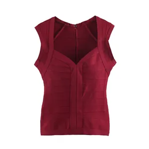 Close-up of burgundy vintage V-neck bandage knit vest showing stretch texture