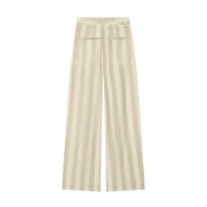 Vue arrière d'un pantalon large sophistiqué avec un motif classique à rayures beige