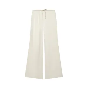 Elegante pantalón de seda de pierna ancha blanco roto con cómoda cintura con cordón