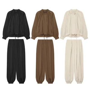 Veste Femme Été Manches Lanternes Et Pantalon Lanterne Resserré Streetwear Décontracté Top And Bottom Set Couleur Unie