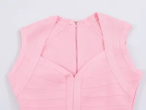 Detailed close-up of pink knitted bandage vest showing the V-neckline and zipper details