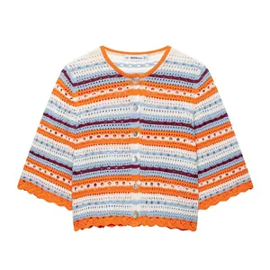 Chaqueta Cardigan de Punto a Rayas Calada para Mujer Verano Casual de Poliéster Colorida Crochet con Borde Festoneado