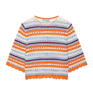Cárdigan de punto de ganchillo a rayas de colores de verano con bajo ondulado chic