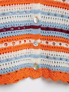 Detalle de cerca de la textura de una chaqueta de punto calado a rayas con botones de nácar