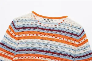 Primer plano del patrón de punto calado y las rayas de colores vibrantes en la prenda.