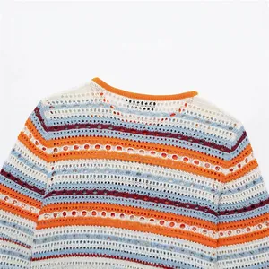 Chaqueta de punto calado para mujer con rayas de colores estilo bohemio de verano
