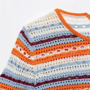 Primer plano de chaqueta de punto calado con rayas de colores y ribete naranja para mujer