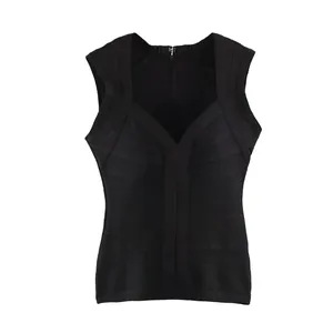 Chic black V-neck bandage knit vest for women featuring a slim-fit stretchy silhouette.