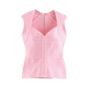 Elegant pink slim-fit knit bandage vest top with V-neck design for stylish women