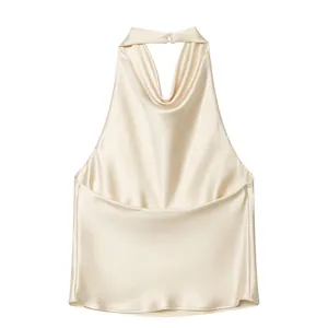 Elegante top halter de satén champán para mujer con un acabado de seda brillante