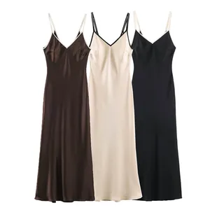 Women Sexy Contrast Trim Satin Slip Dress Western Style V Neck Sleeveless Slim Fit Midi Dress For Summer Party Daily Wear