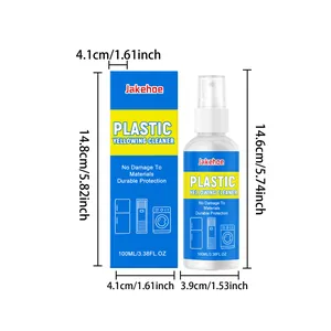 Detaillierte Abmessungen der Jakehoe Kunststoff-Vergilbungsreiniger 100ml Sprühflasche und Box